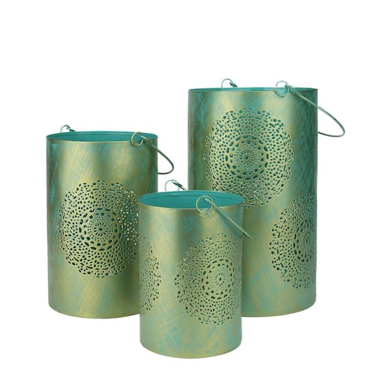 Set of 3 Turquoise Blue and Gold Decorative Floral Cut-Out Pillar Candle Lanterns 10", One Size, Blue